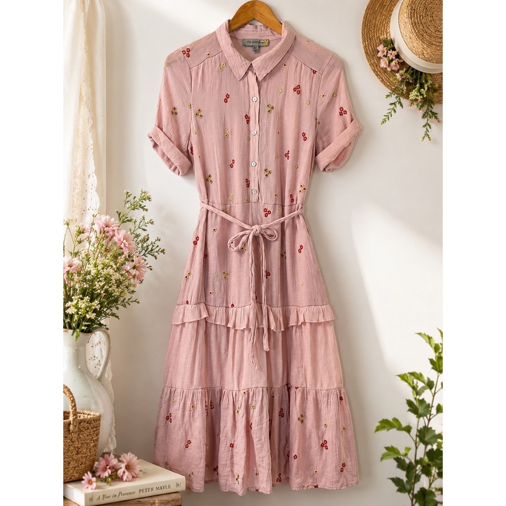 Pink Cottagecore Prairie Midi Dress‎ Embroidered Tiered Romantic Boho M Coquette